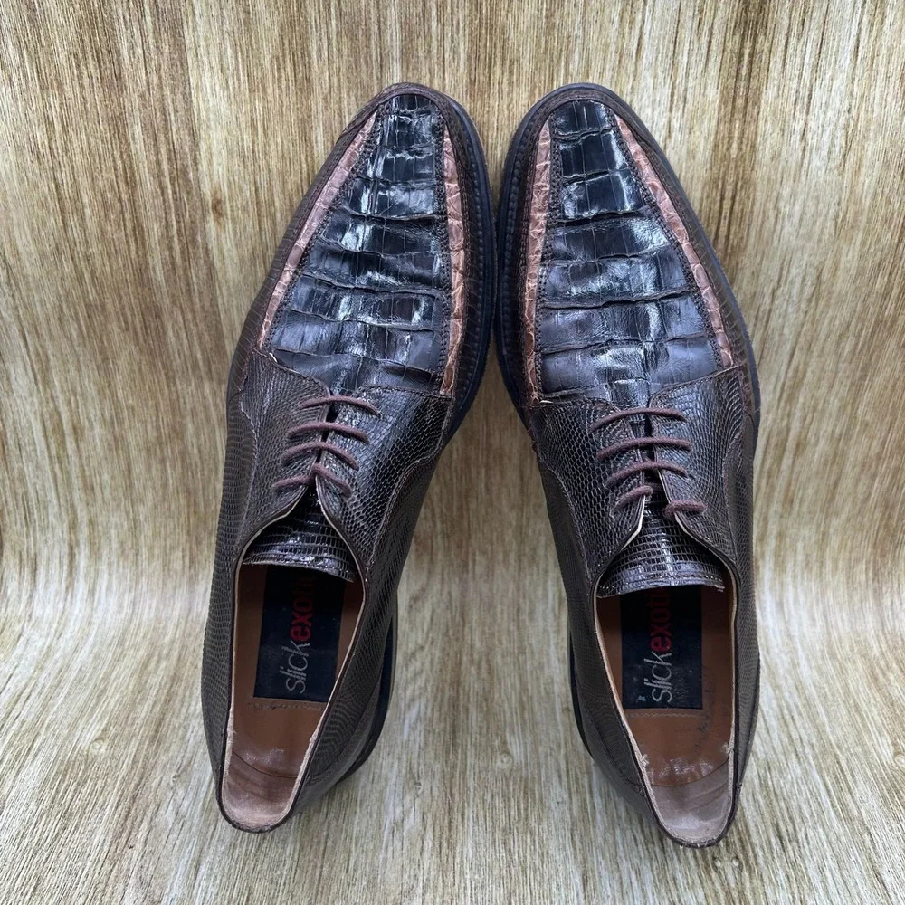 Slick Exotica Oxford Dress Shoes Men's Size 8 Brown Crocodile Lizard Skin Italy